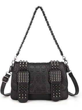 Punk Skull Shoulder Bag - Goth Rivet Tote, PU Leather Chain Handbag, Black